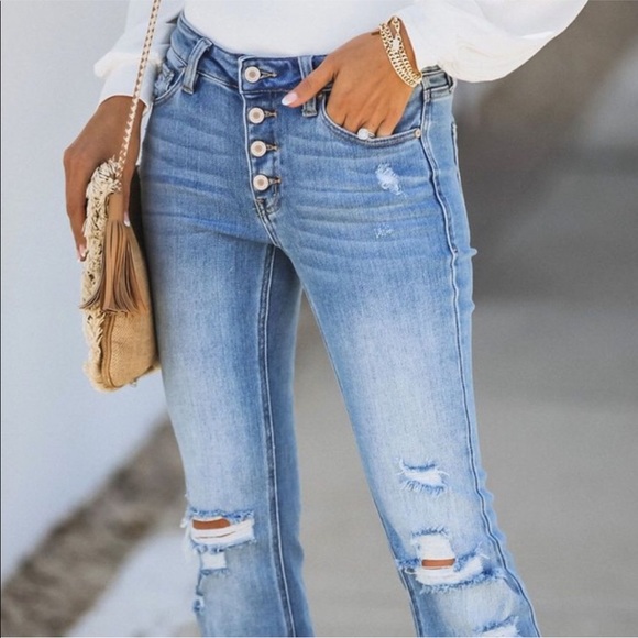 NWT Kan Can Distressed Button Fly Flare Bellbottom - Picture 4 of 14